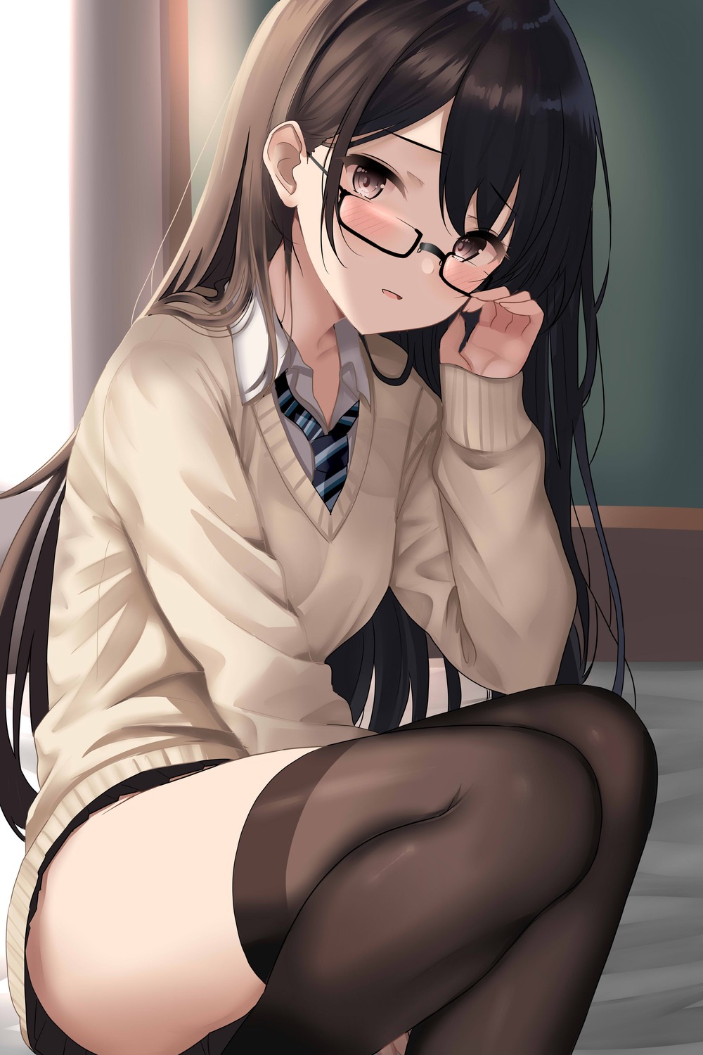 himura_moritaka megane seifuku sweater thighhighs