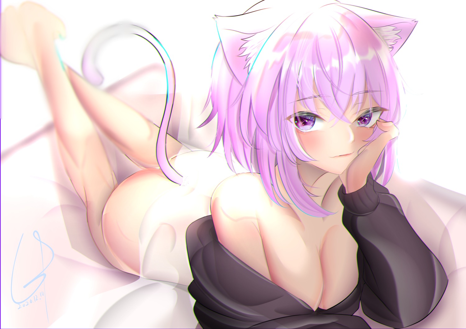 animal_ears ass bottomless hololive hololive_gamers nekomata_okayu nekomimi no_bra open_shirt tail urotare