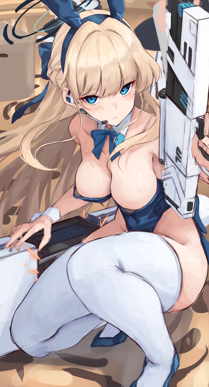 animal_ears asuma_toki blue_archive bunny_ears bunny_girl gun halo inre_kemomimi no_bra thighhighs