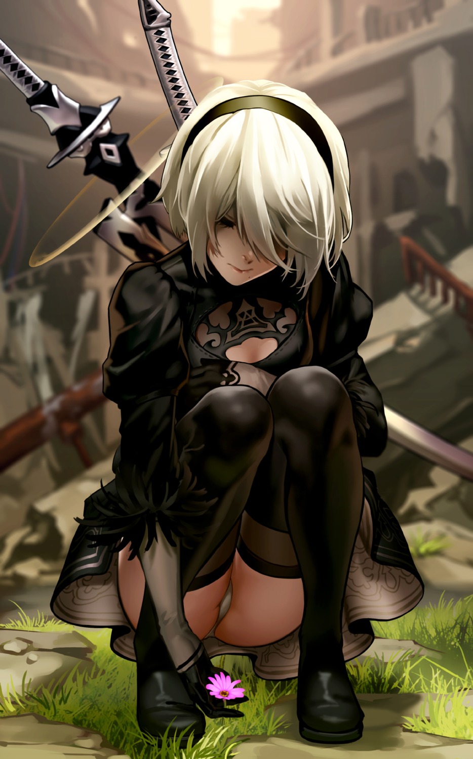 cleavage dress g_scream nier_automata pantsu sword thighhighs yorha_no.2_type_b