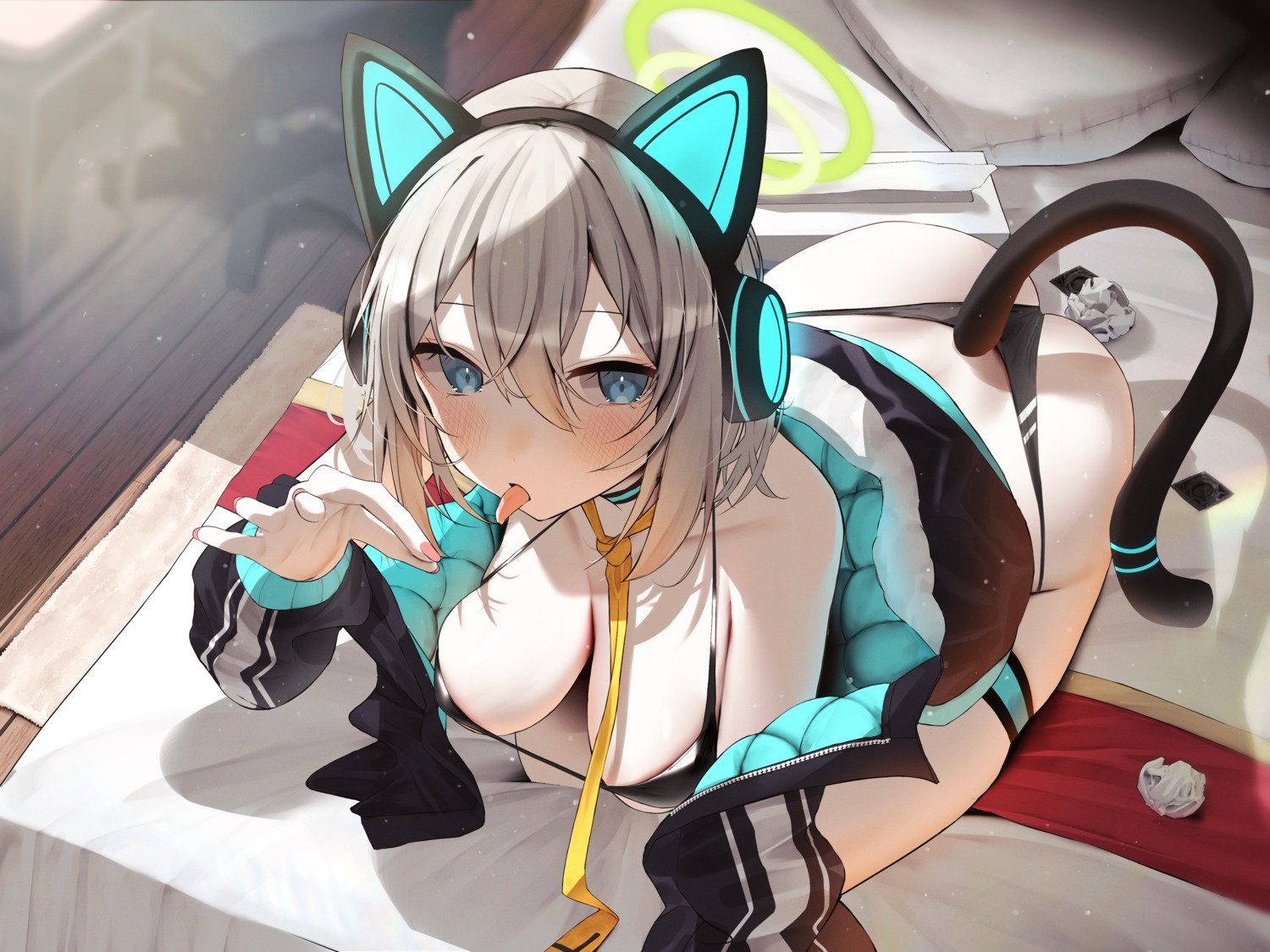 animal_ears bikini garter halo headphones nekomimi nidaime open_shirt swimsuits tail thong