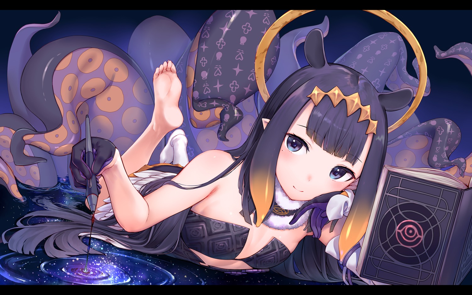 angel feet hinasaki hololive hololive_english loli ninomae_ina'nis no_bra pointy_ears tentacles wallpaper wings