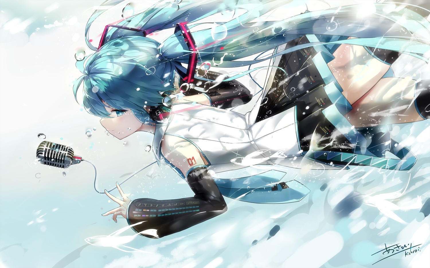 asahi_kuroi hatsune_miku headphones tattoo thighhighs vocaloid