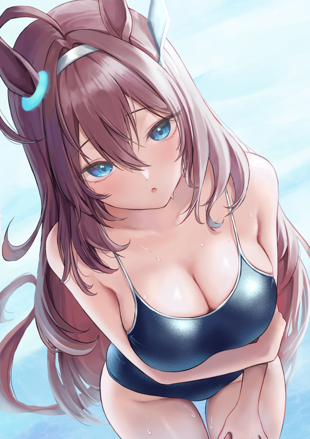 animal_ears breast_hold huziko32 mihono_bourbon_(umamusume) school_swimsuit swimsuits uma_musume_pretty_derby wet