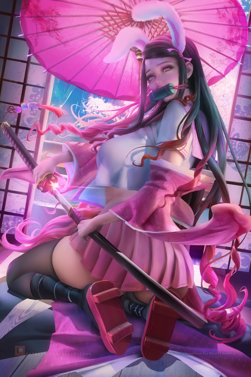 animal_ears bunny_ears kamado_nezuko kimetsu_no_yaiba sakimichan see_through seifuku sword thighhighs umbrella