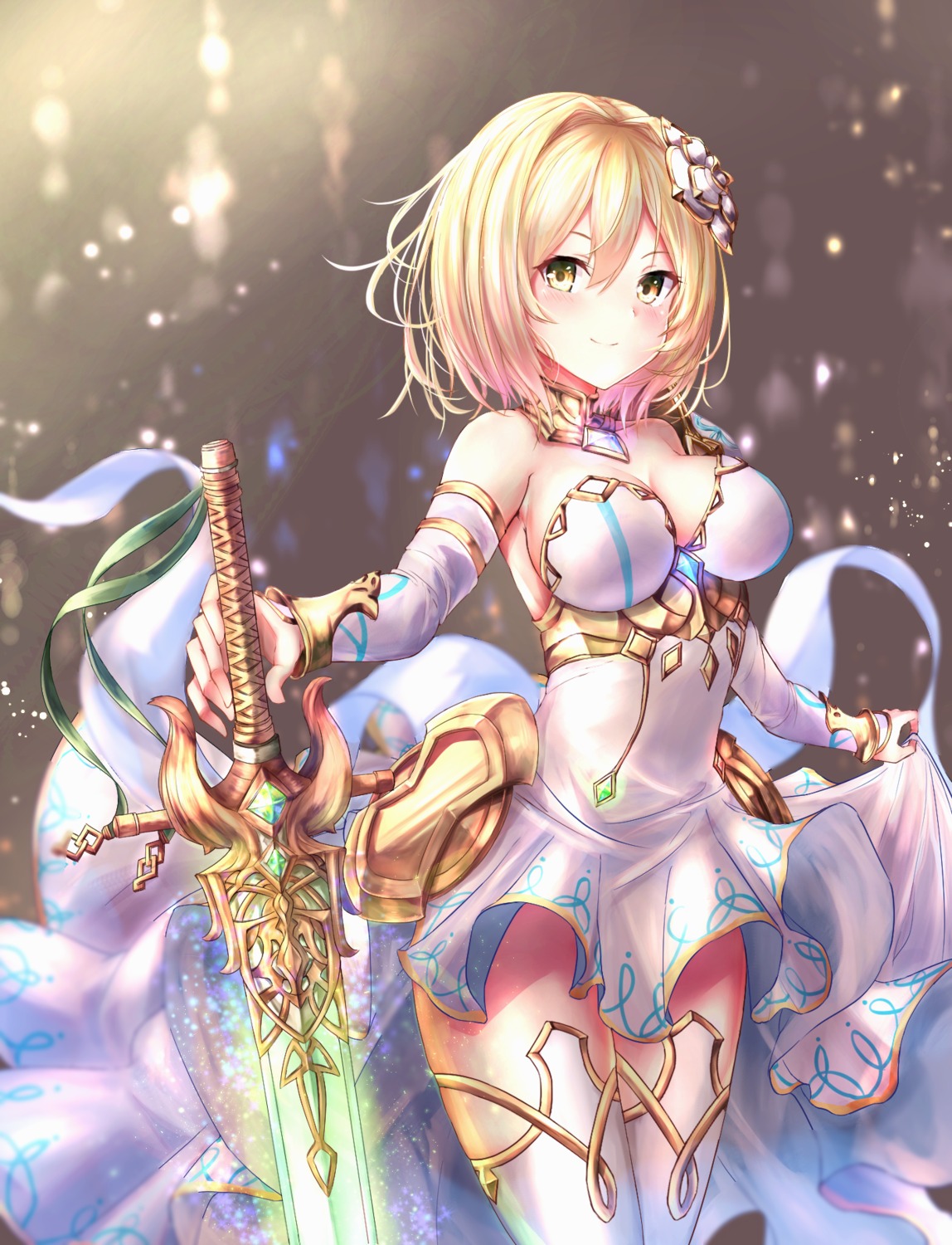 agibe armor cleavage djeeta_(granblue_fantasy) dress granblue_fantasy skirt_lift sword thighhighs