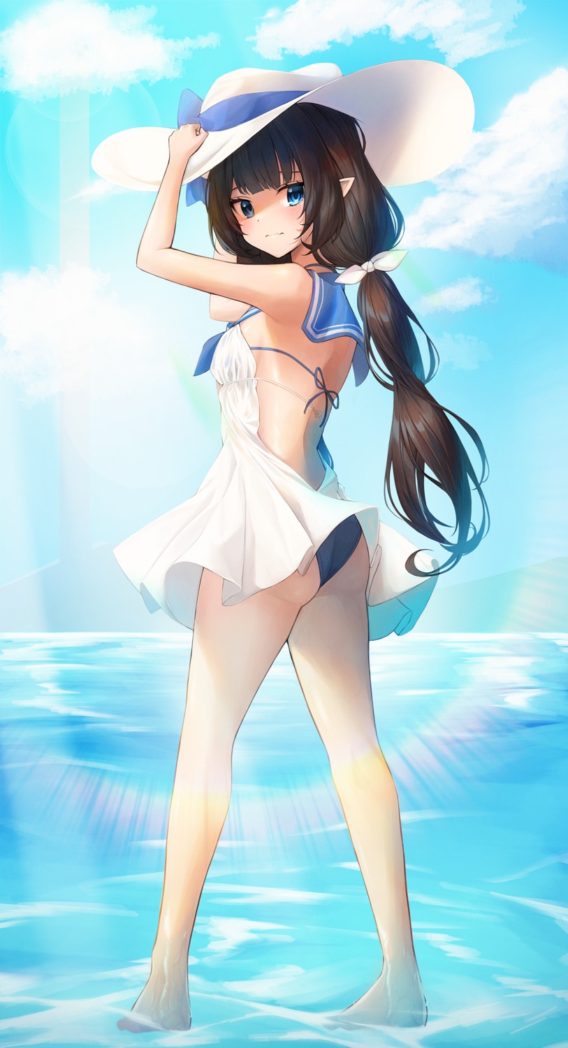 ass bikini dress pointy_ears skirt_lift sora_(men0105) summer_dress swimsuits thong wet