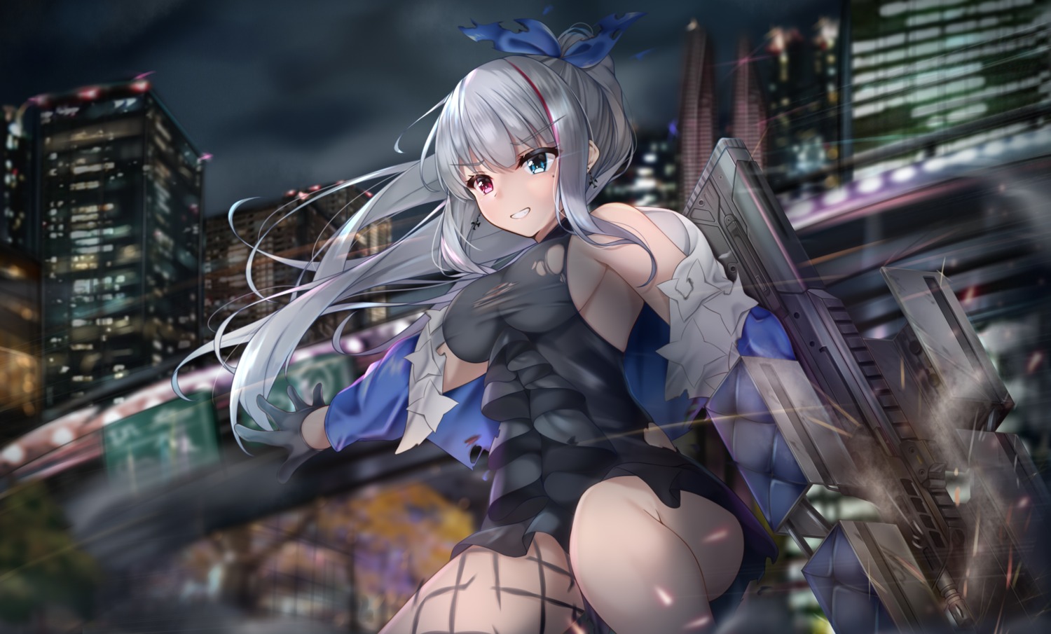 fishnets girls_frontline gun heterochromia lomocya mdr_(girls_frontline) no_bra skirt_lift torn_clothes