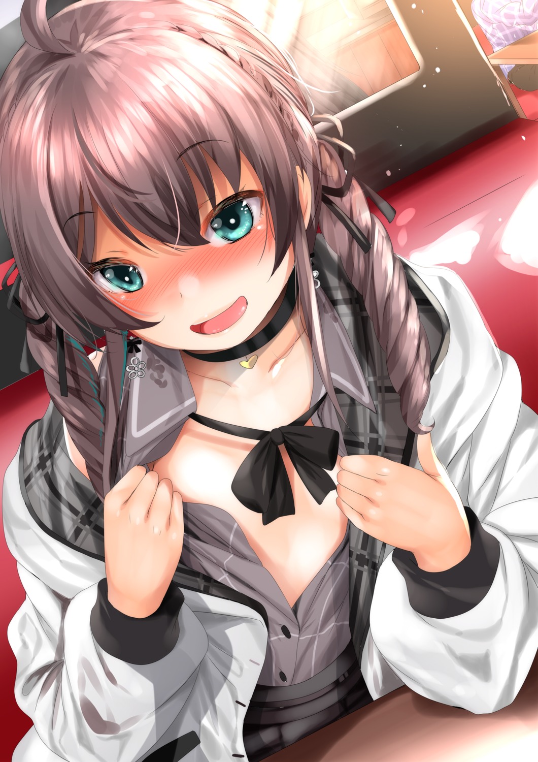 fumihiko hololive loli natsuiro_matsuri no_bra open_shirt undressing