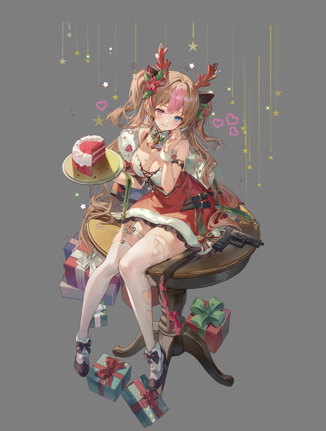 animal_ears christmas cream dress garter girls_frontline gun heels heterochromia horns mk_23_(girls_frontline) no_bra stockings tail thighhighs transparent_png yeonwa