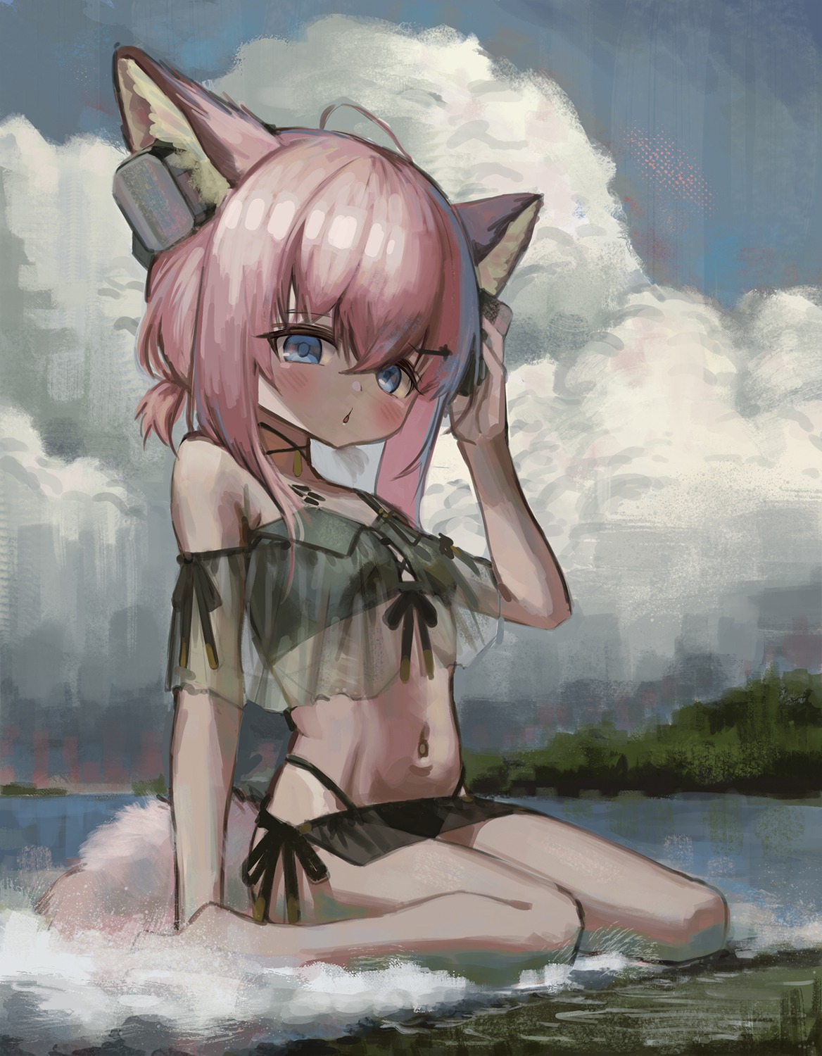 animal_ears arknights headphones kanola see_through sussurro_(arknights) swimsuits tail wet