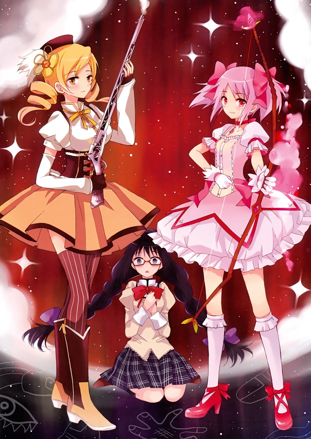 akemi_homura gun kaname_madoka kanno_manami mahou_shoujo_madoka_magica megane seifuku thighhighs tomoe_mami weapon