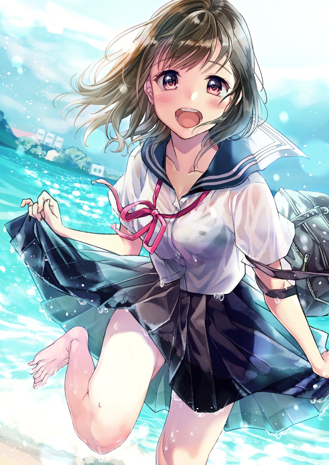 matsuzaki_miyuki school_swimsuit see_through seifuku skirt_lift swimsuits wet wet_clothes