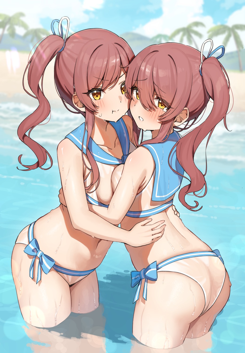 ass bikini no_bra oosaki_amana oosaki_tenka see_through seifuku swimsuits symmetrical_docking the_idolm@ster the_idolm@ster_shiny_colors thong wanimaru wet wet_clothes