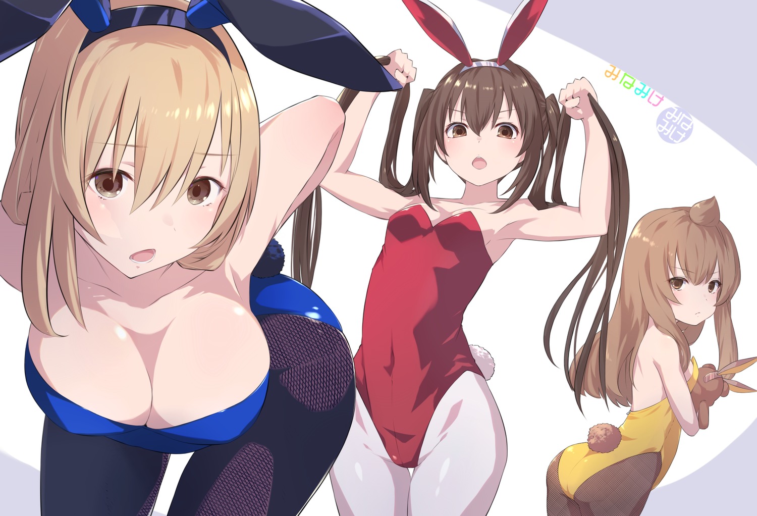 animal_ears ass bunny_ears bunny_girl fishnets minami-ke minami_chiaki minami_haruka minami_kana no_bra pantyhose saikuu tail