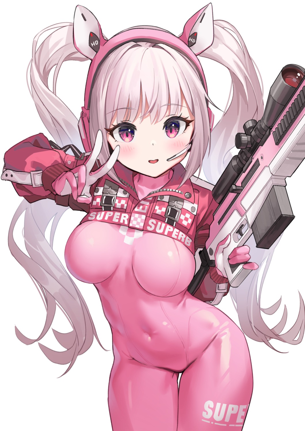 alice_(nikke) animal_ears bodysuit goddess_of_victory:_nikke gun headphones qianduan_mozhi