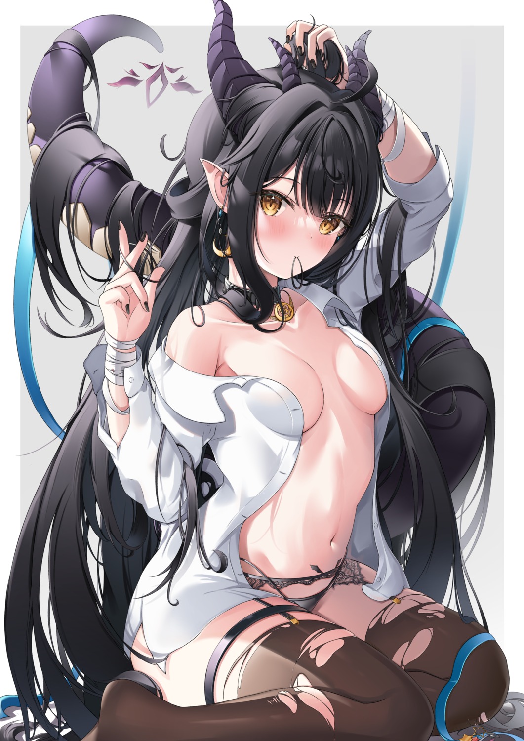 bandages dress_shirt garter garter_belt horns nekoya_minamo no_bra open_shirt pantsu pointy_ears stockings tail thighhighs thong torn_clothes