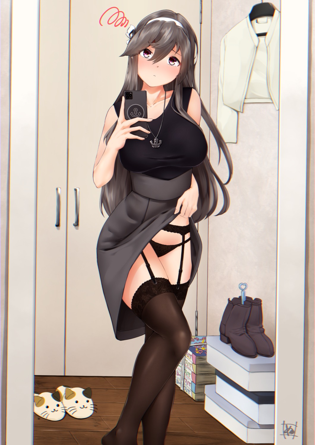 garter_belt haruna_(kancolle) kantai_collection nori_senbei_(norisenbei_1) pantsu selfie skirt_lift stockings thighhighs