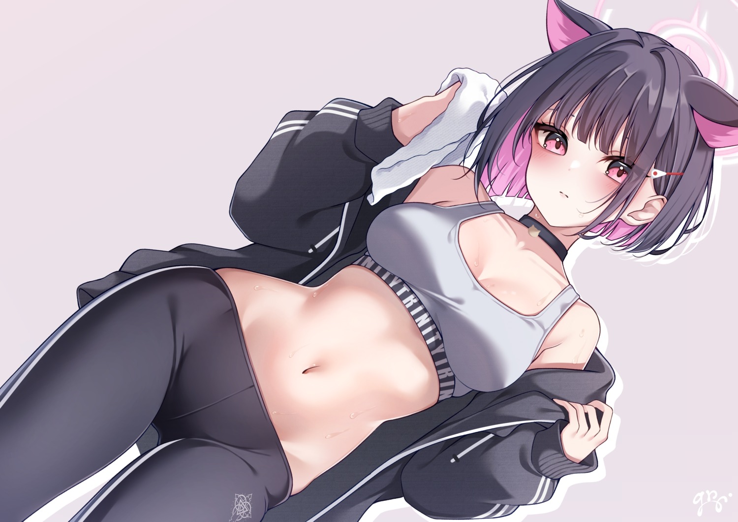 animal_ears blue_archive bra guri_(gri1211) halo kyouyama_kazusa nekomimi open_shirt towel undressing