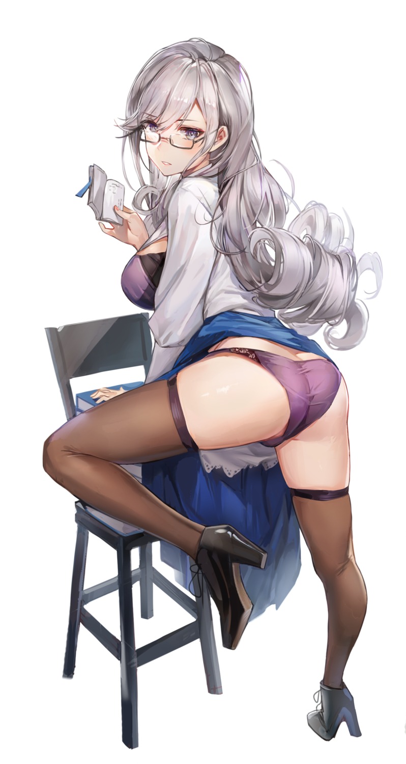 ass bra heels kuza_brs megane open_shirt pantsu skirt_lift thighhighs