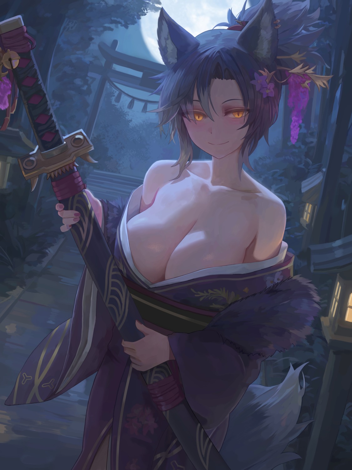 animal_ears junmin kimono no_bra open_shirt sword