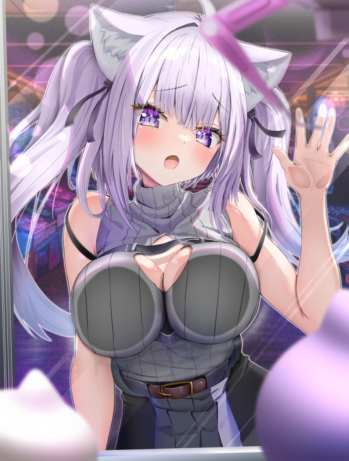 animal_ears cleavage hololive hololive_gamers nekomata_okayu nekomimi sweater torakichi_888