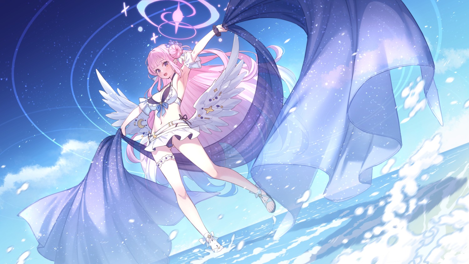 angel bikini blue_archive garter misono_mika skirt_lift swimsuits wallpaper wet wings yellowpaint.