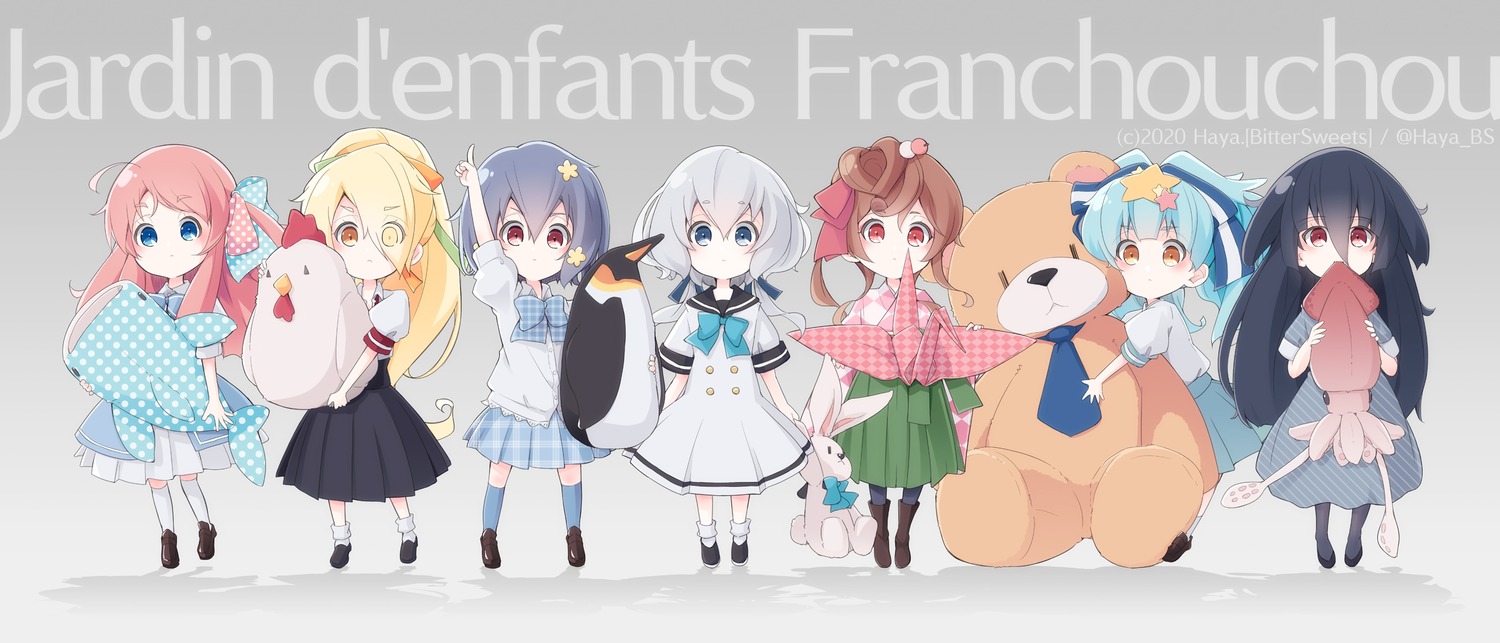 chibi dress haya_bs hoshikawa_lily japanese_clothes konno_junko minamoto_sakura mizuno_ai nikaido_saki pantyhose penguin seifuku trap yamada_tae yuugiri_(zombieland_saga) zombieland_saga