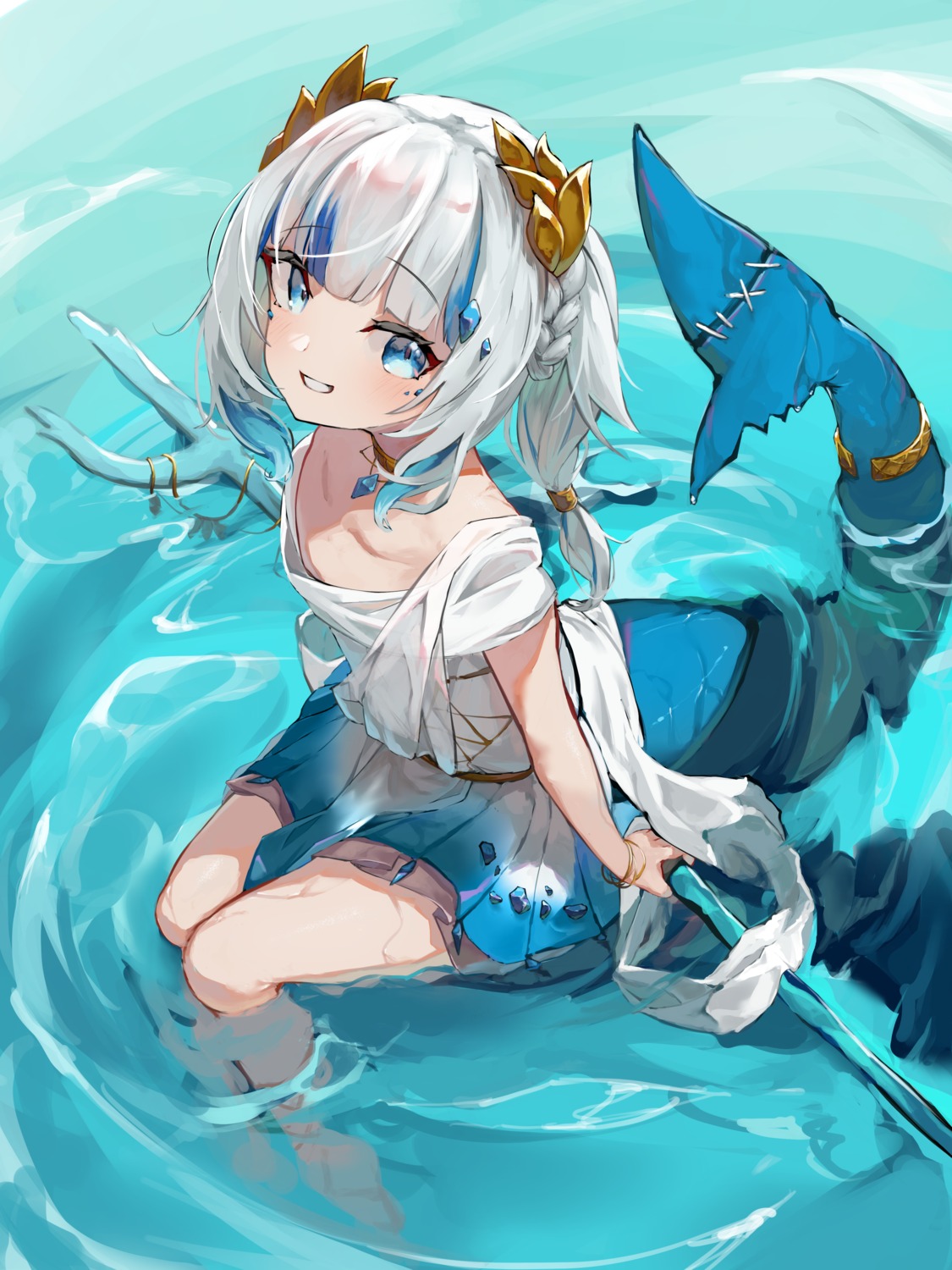 dress gawr_gura hololive hololive_english loli no_bra noor7 tail weapon wet