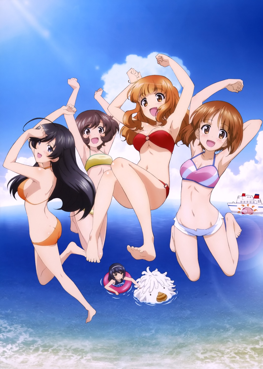 akiyama_yukari ass bikini cleavage feet girls_und_panzer isuzu_hana nishizumi_miho reizei_mako school_swimsuit swimsuits takebe_saori underboob wet