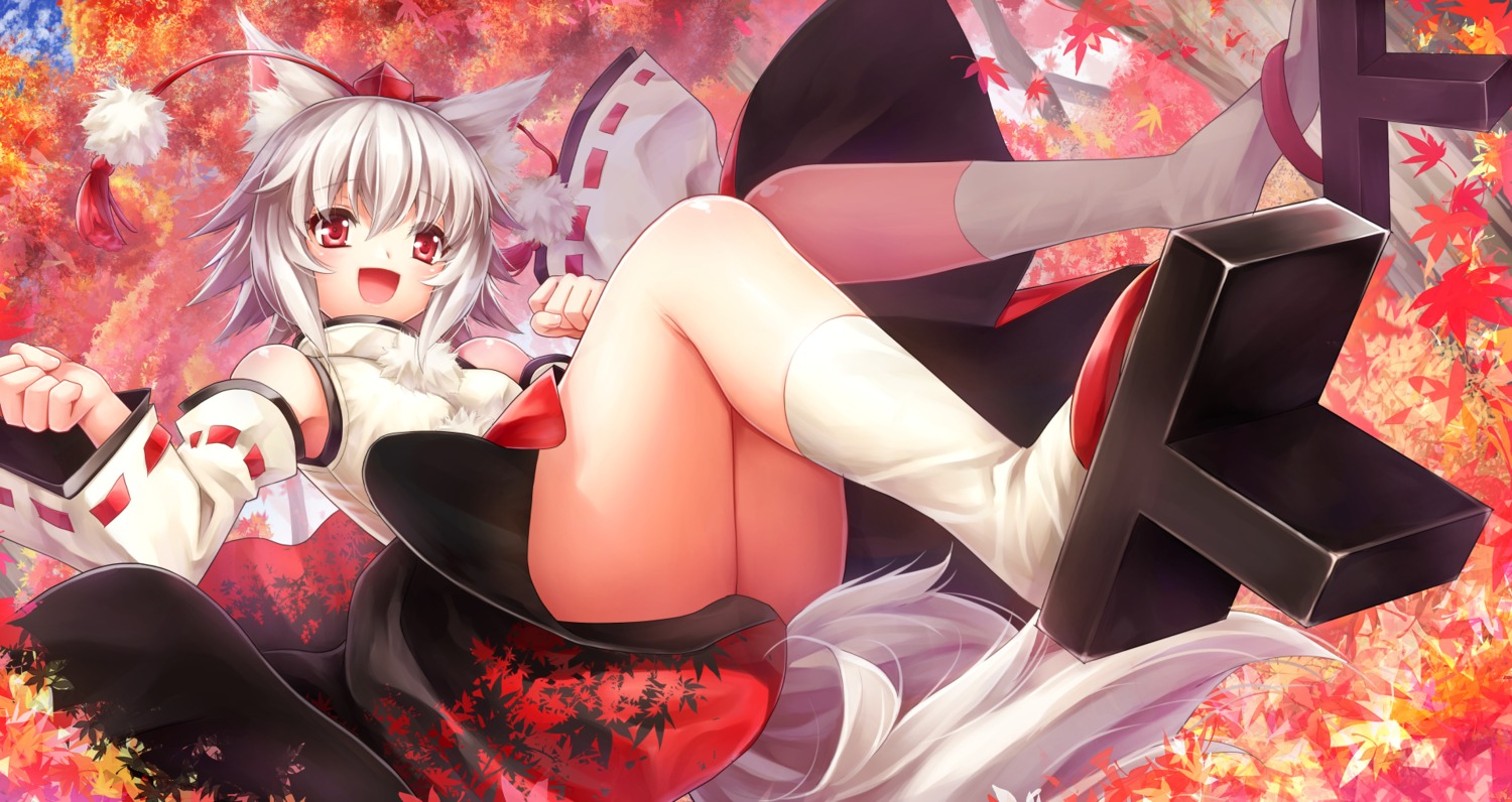 animal_ears inubashiri_momiji japanese_clothes naru_din skirt_lift tail touhou