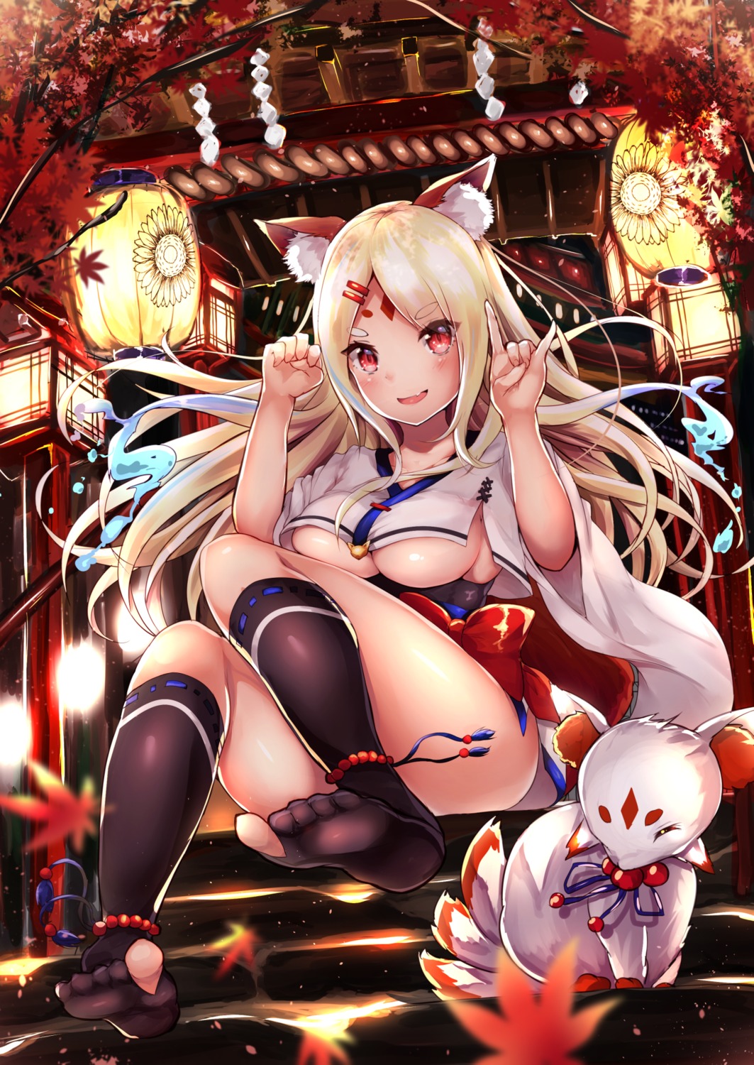 animal_ears cisyo feet kitsune miko no_bra tattoo underboob