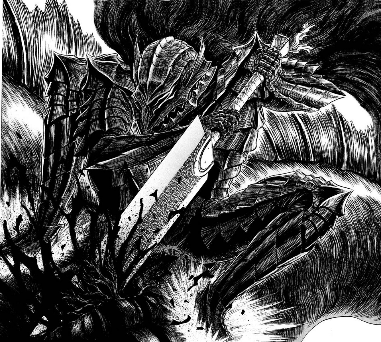 armor berserk male monochrome monster sword