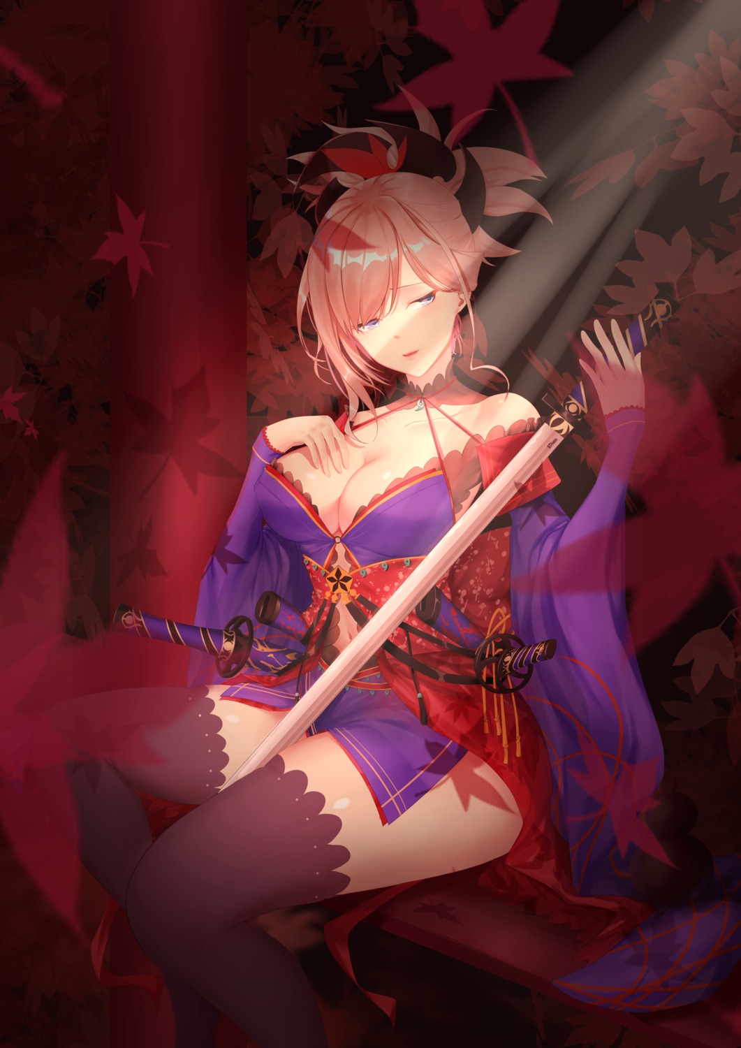 breast_hold cleavage erect_nipples fate/grand_order huyou_xia japanese_clothes miyamoto_musashi_(fate) sword thighhighs