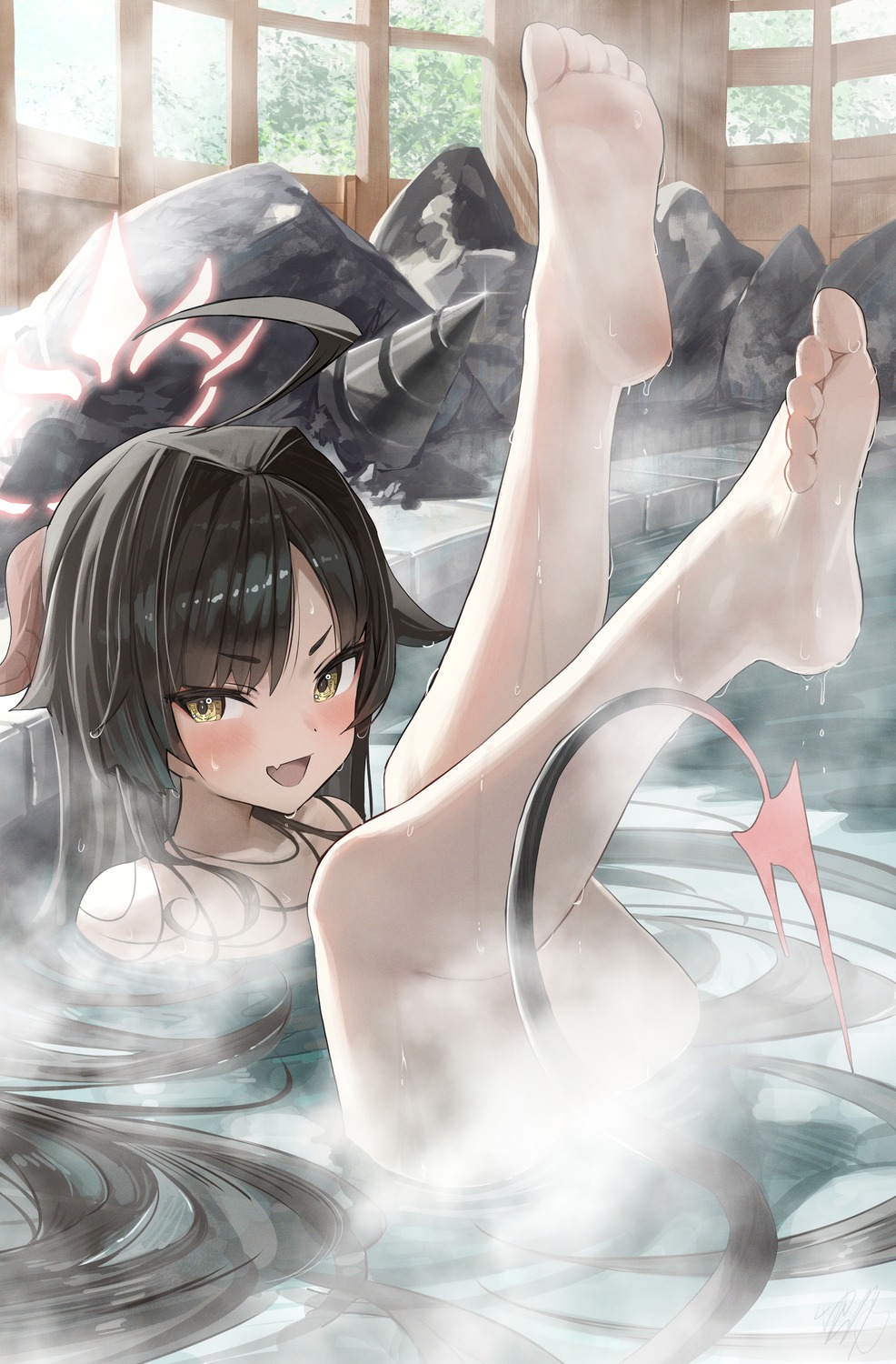 bathing blue_archive censored feet halo hidulume horns kinugawa_kasumi onsen tail wet