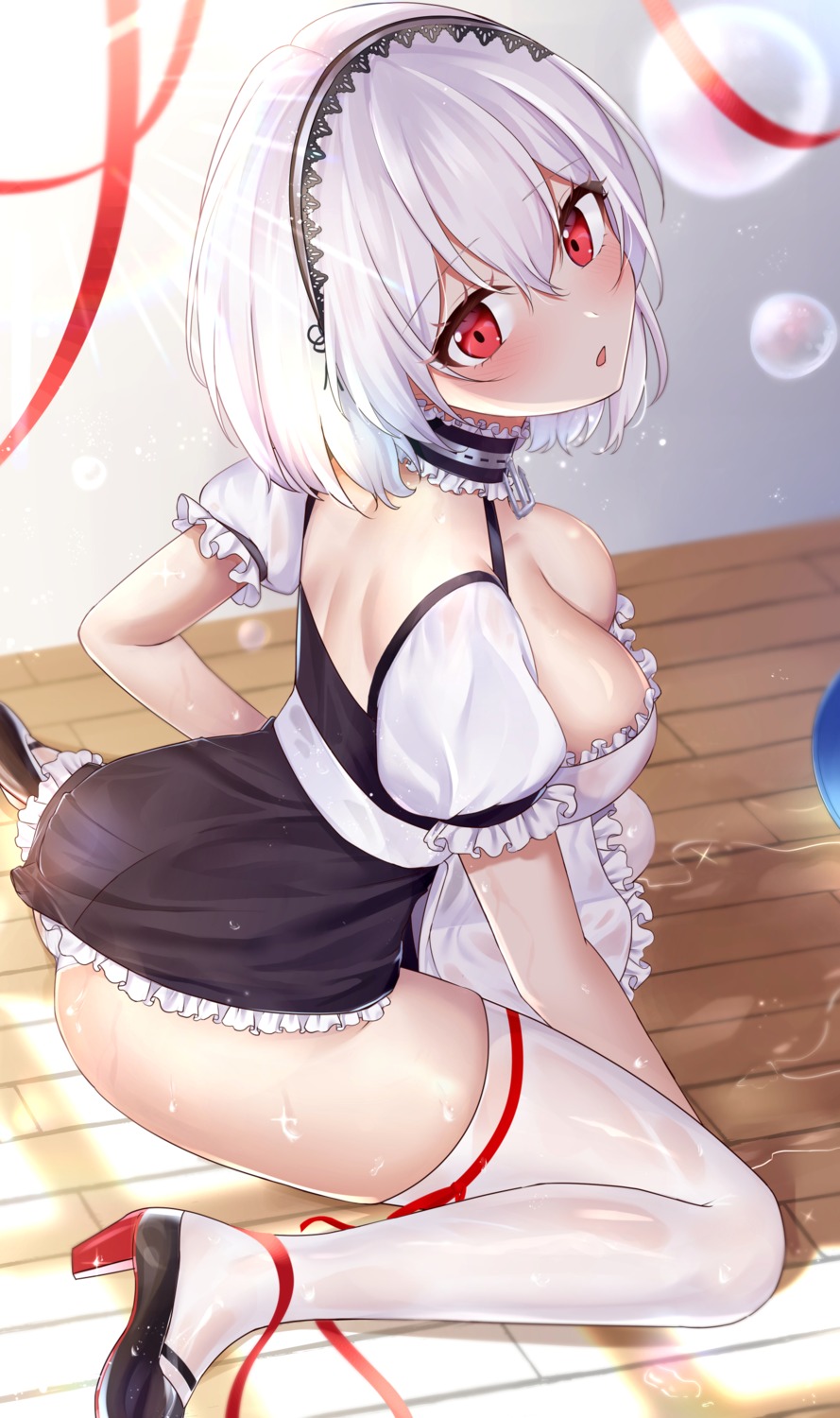 artist_revision ass azur_lane heels jyu-so maid no_bra pantsu see_through sirius_(azur_lane) skirt_lift thighhighs wet_clothes