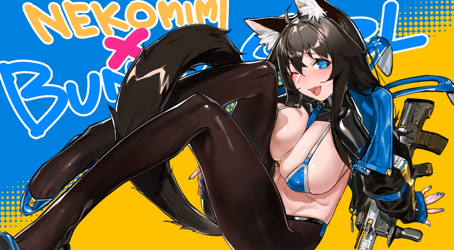 animal_ears bra bunny_girl gun kare_huang nekomimi pantyhose tail