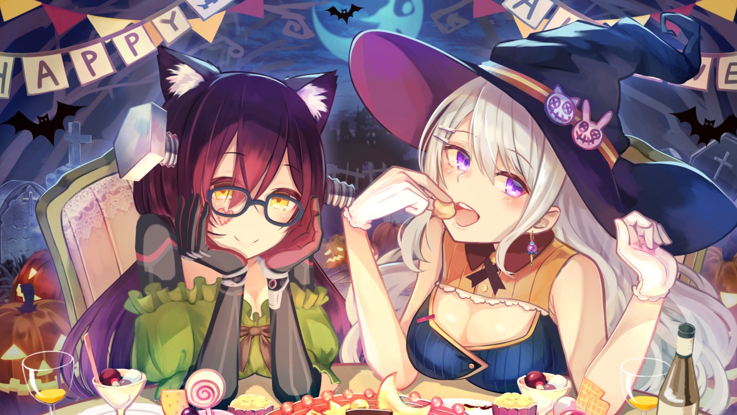 animal_ears brat cleavage crossover halloween higuchi_kaede megane nijisanji roboco-san roboco_ch. wallpaper witch