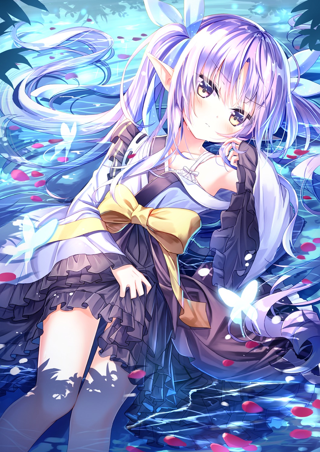 hikawa_kyouka lolita_fashion pointy_ears princess_connect! princess_connect!_re:dive satou_(3366_s) skirt_lift wa_lolita wet