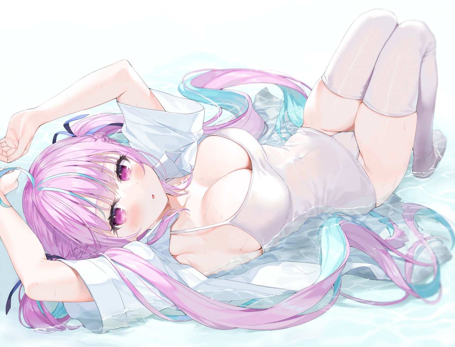 dress_shirt hololive minato_aqua see_through swimsuits thighhighs wet yana_mori