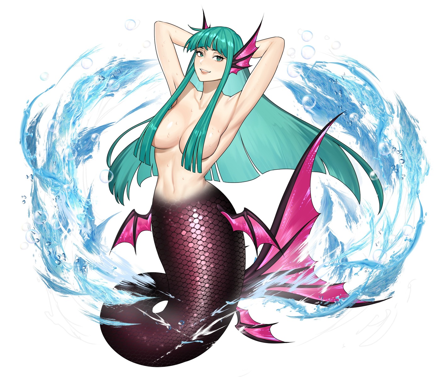 dark_stalkers hanny_(uirusu_chan) mermaid monster_girl morrigan_aensland tail topless wet wings