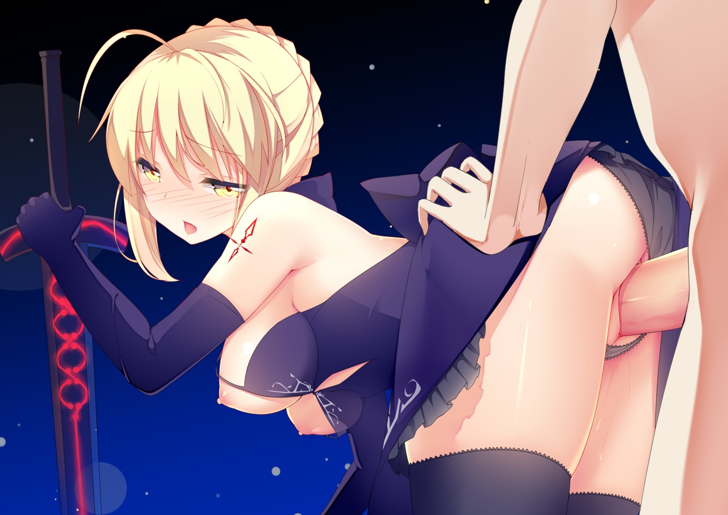 breasts dress fate/grand_order jyt nipples no_bra pantsu penis pussy saber saber_alter sex sword tattoo thighhighs uncensored