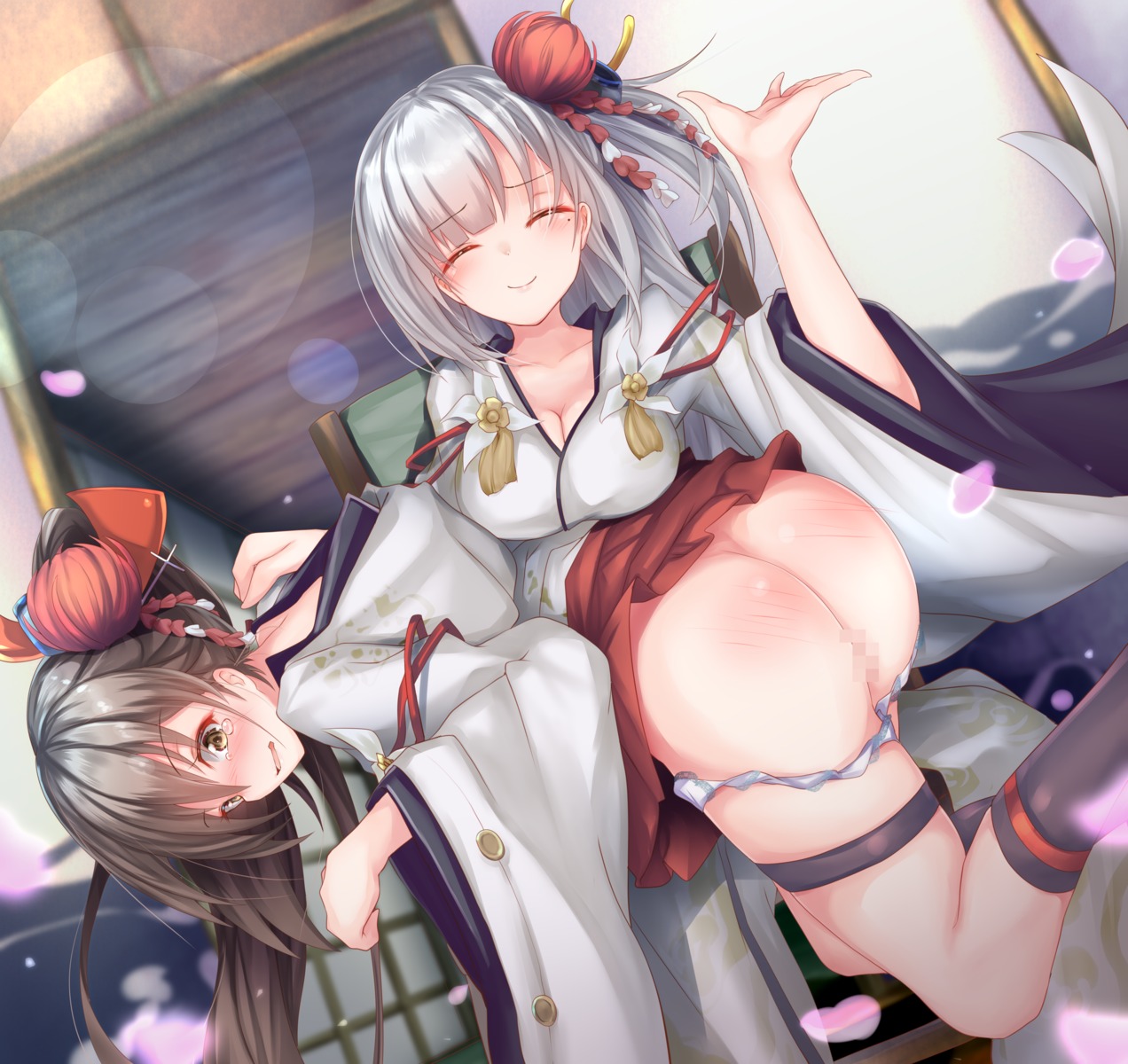 ass azur_lane censored cleavage garter japanese_clothes matamataro pantsu panty_pull shoukaku_(azur_lane) skirt_lift yuri zuikaku_(azur_lane)