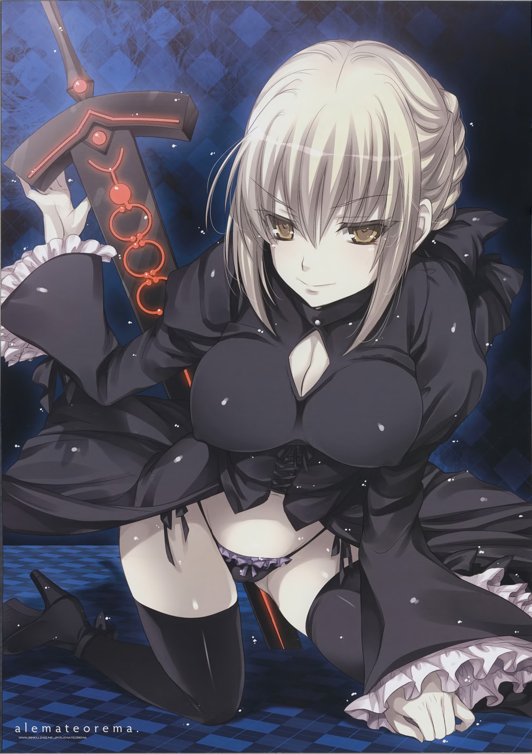 cleavage cropme erect_nipples fate/hollow_ataraxia fate/stay_night jpeg_artifacts kobayashi_yuukou pantsu saber saber_alter string_panties thighhighs