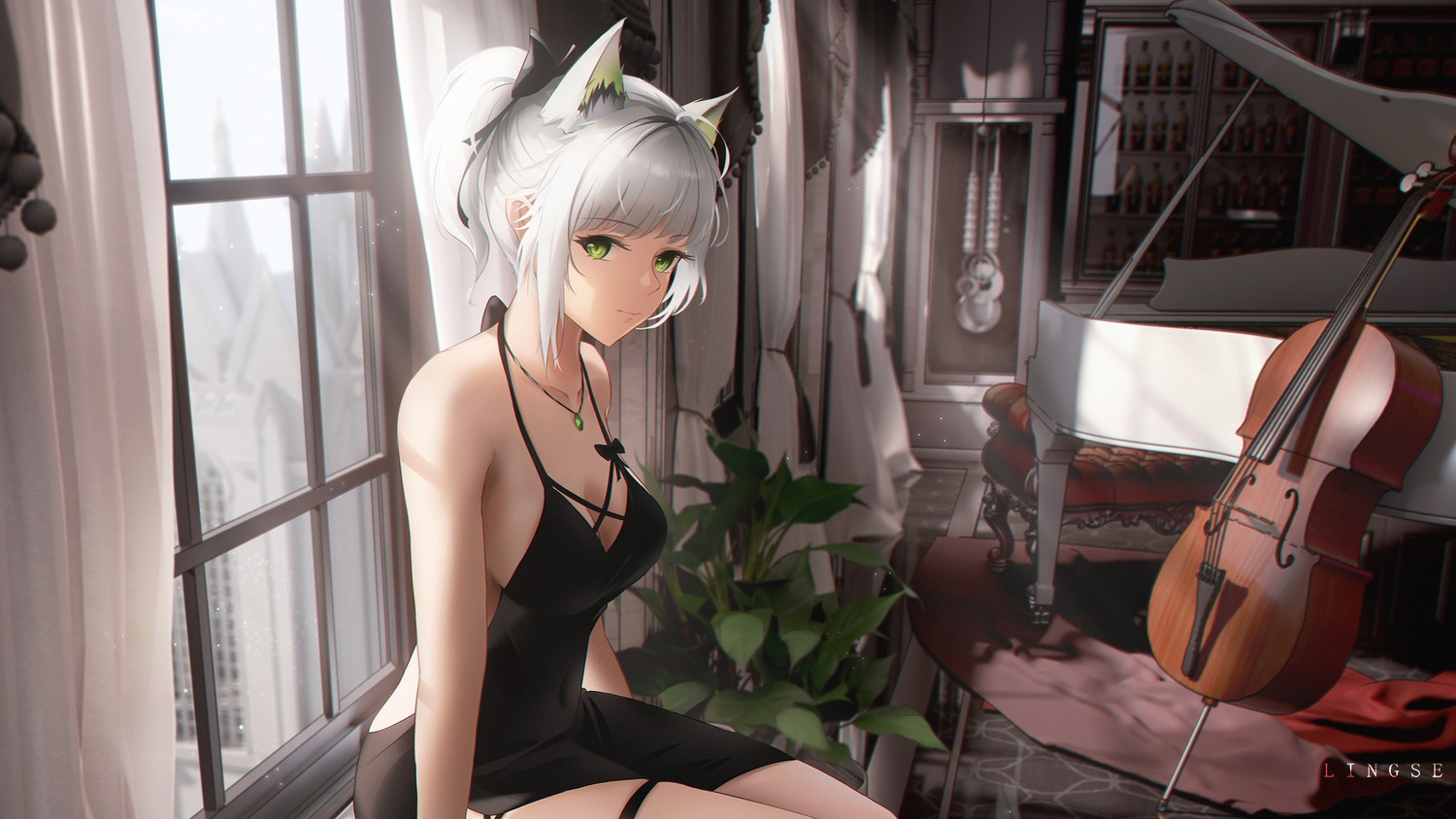 animal_ears arknights dress garter kal'tsit_(arknights) lingse no_bra