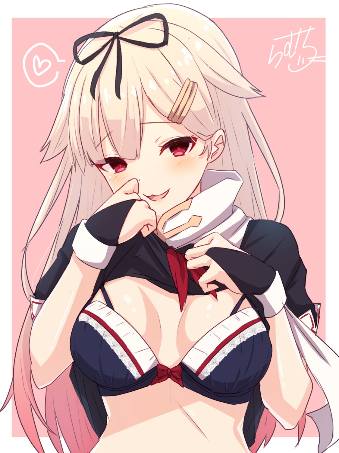 bra cleavage kantai_collection ramchi seifuku shirt_lift yuudachi_(kancolle)