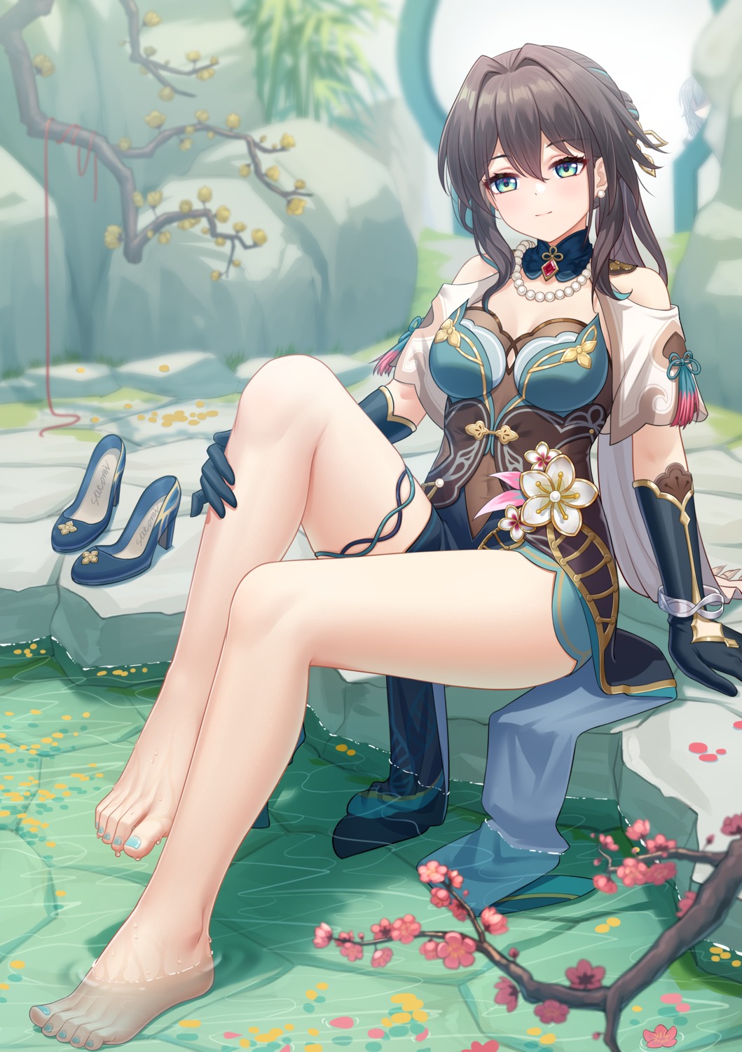 asian_clothes feet garter heels honkai:_star_rail no_bra ruan_mei satomi_(745684552) wet