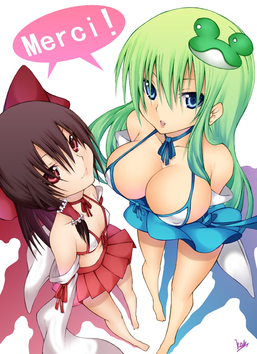 bikini_top cleavage daive erect_nipples hakurei_reimu kochiya_sanae swimsuits touhou