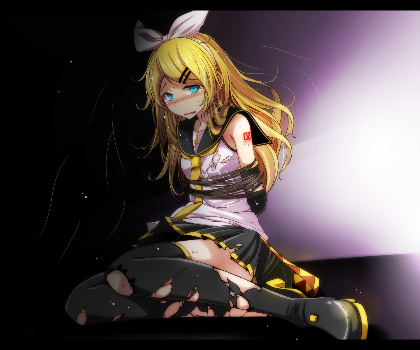 bondage kagamine_rin seifuku tattoo thighhighs torn_clothes tsukishiro_saika vocaloid