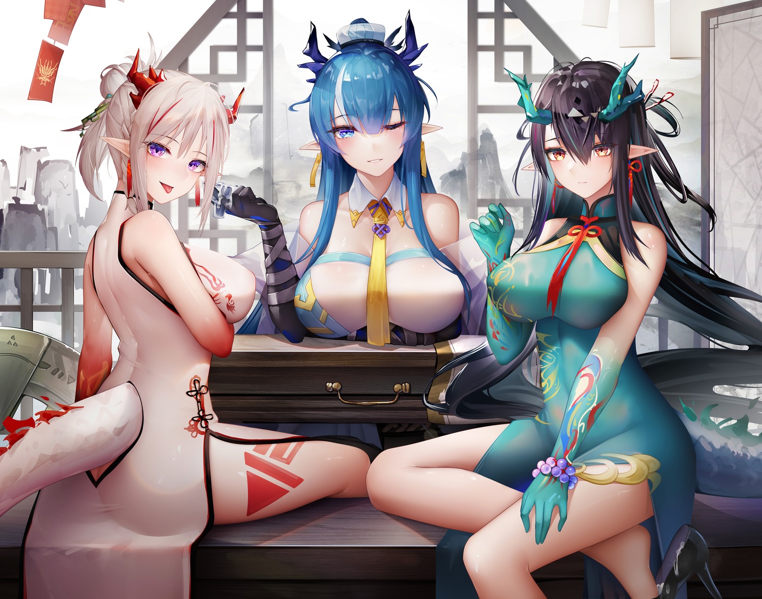 arknights asian_clothes chinadress dusk_(arknights) heels horns ling_(arknights) nian_(arknights) pointy_ears tail tattoo zhixue